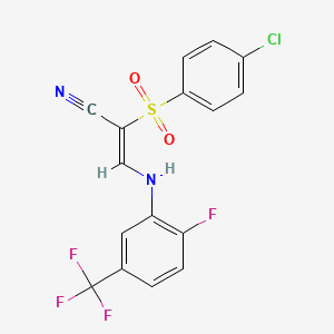 molecular formula C16H9ClF4N2O2S B2655949 2-((4-Chlorophenyl)sulfonyl)-3-((2-fluoro-5-(trifluoromethyl)phenyl)amino)prop-2-enenitrile CAS No. 1025661-26-0
