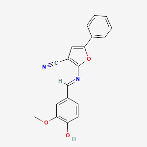 molecular formula C19H14N2O3 B2655954 2-{[(E)-(4-hydroxy-3-methoxyphenyl)methylidene]amino}-5-phenyl-3-furonitrile CAS No. 478033-44-2