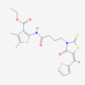 molecular formula C21H22N2O4S4 B2655981 (E)-ethyl 4,5-dimethyl-2-(4-(4-oxo-5-(thiophen-2-ylmethylene)-2-thioxothiazolidin-3-yl)butanamido)thiophene-3-carboxylate CAS No. 900134-49-8