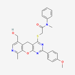 molecular formula C28H26N4O4S B2656051 2-((6-(hydroxymethyl)-2-(4-methoxyphenyl)-9-methyl-5H-pyrido[4',3':5,6]pyrano[2,3-d]pyrimidin-4-yl)thio)-N-methyl-N-phenylacetamide CAS No. 892382-32-0