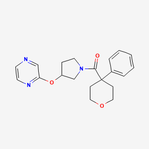 molecular formula C20H23N3O3 B2656084 (4-phenyltetrahydro-2H-pyran-4-yl)(3-(pyrazin-2-yloxy)pyrrolidin-1-yl)methanone CAS No. 2034498-35-4