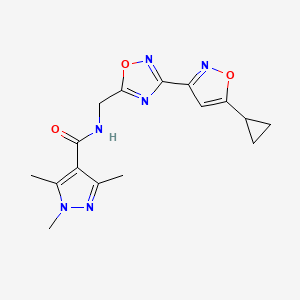 molecular formula C16H18N6O3 B2656098 N-((3-(5-环丙基异恶唑-3-基)-1,2,4-恶二唑-5-基)甲基)-1,3,5-三甲基-1H-吡唑-4-甲酰胺 CAS No. 1904303-90-7