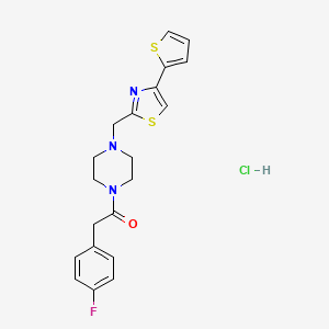 molecular formula C20H21ClFN3OS2 B2656114 2-(4-Fluorophenyl)-1-(4-((4-(thiophen-2-yl)thiazol-2-yl)methyl)piperazin-1-yl)ethanone hydrochloride CAS No. 1217097-36-3