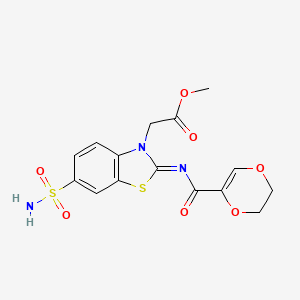 molecular formula C15H15N3O7S2 B2656118 (Z)-甲基 2-(2-((5,6-二氢-1,4-二氧杂环-2-羰基)亚氨基)-6-磺酰基苯并[d]噻唑-3(2H)-基)乙酸酯 CAS No. 865199-47-9