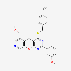 molecular formula C28H25N3O3S B2656193 {2-(3-甲氧基苯基)-9-甲基-4-[(4-乙烯基苯甲基)硫代]-5H-吡啶并[4',3':5,6]吡喃并[2,3-d]嘧啶-6-基}甲醇 CAS No. 892418-80-3