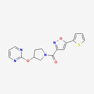 molecular formula C16H14N4O3S B2656225 (3-(Pyrimidin-2-yloxy)pyrrolidin-1-yl)(5-(thiophen-2-yl)isoxazol-3-yl)methanone CAS No. 2034474-19-4