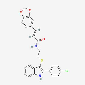 molecular formula C26H21ClN2O3S B2656346 (E)-3-(苯并[d][1,3]二氧杂环-5-基)-N-(2-((2-(4-氯苯基)-1H-吲哚-3-基)硫代)乙基)丙烯酰胺 CAS No. 850917-46-3