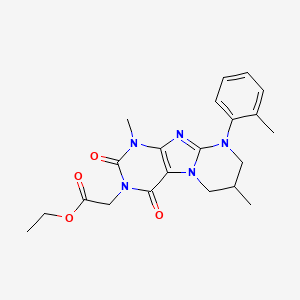 molecular formula C21H25N5O4 B2656366 ethyl 2-[1,7-dimethyl-9-(2-methylphenyl)-2,4-dioxo-7,8-dihydro-6H-purino[7,8-a]pyrimidin-3-yl]acetate CAS No. 876901-30-3