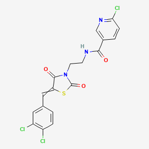 molecular formula C18H12Cl3N3O3S B2656454 6-chloro-N-(2-{5-[(3,4-dichlorophenyl)methylidene]-2,4-dioxo-1,3-thiazolidin-3-yl}ethyl)pyridine-3-carboxamide CAS No. 869628-77-3