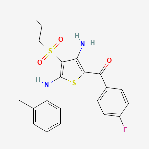 molecular formula C21H21FN2O3S2 B2656537 (3-Amino-4-(propylsulfonyl)-5-(o-tolylamino)thiophen-2-yl)(4-fluorophenyl)methanone CAS No. 890793-04-1