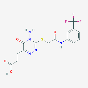 molecular formula C15H14F3N5O4S B2656550 3-(4-Amino-5-oxo-3-((2-oxo-2-((3-(trifluoromethyl)phenyl)amino)ethyl)thio)-4,5-dihydro-1,2,4-triazin-6-yl)propanoic acid CAS No. 886955-16-4