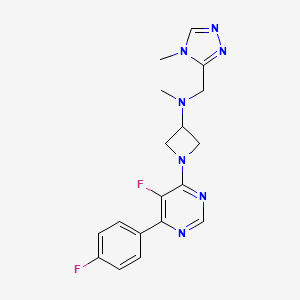molecular formula C18H19F2N7 B2656590 1-[5-Fluoro-6-(4-fluorophenyl)pyrimidin-4-yl]-N-methyl-N-[(4-methyl-1,2,4-triazol-3-yl)methyl]azetidin-3-amine CAS No. 2380079-00-3