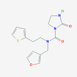 molecular formula C15H17N3O3S B2656689 N-(呋喃-3-基甲基)-2-氧代-N-(2-(噻吩-2-基)乙基)咪唑烷-1-甲酰胺 CAS No. 1797650-09-9