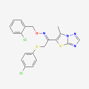 molecular formula C20H16Cl2N4OS2 B2656691 (E)-[(2-chlorophenyl)methoxy]({2-[(4-chlorophenyl)sulfanyl]-1-{6-methyl-[1,2,4]triazolo[3,2-b][1,3]thiazol-5-yl}ethylidene})amine CAS No. 866131-20-6