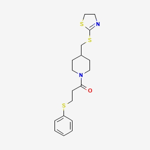 molecular formula C18H24N2OS3 B2656765 1-(4-(((4,5-Dihydrothiazol-2-yl)thio)methyl)piperidin-1-yl)-3-(phenylthio)propan-1-one CAS No. 1421461-89-3