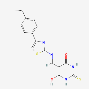 molecular formula C16H14N4O2S2 B2656814 5-(((4-(4-ethylphenyl)thiazol-2-yl)amino)methylene)-2-thioxodihydropyrimidine-4,6(1H,5H)-dione CAS No. 1021229-80-0