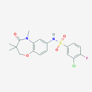 molecular formula C18H18ClFN2O4S B2656830 3-chloro-4-fluoro-N-(3,3,5-trimethyl-4-oxo-2,3,4,5-tetrahydrobenzo[b][1,4]oxazepin-7-yl)benzenesulfonamide CAS No. 922102-94-1