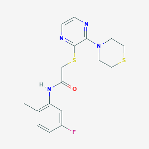 molecular formula C17H19FN4OS2 B2656846 N-(5-fluoro-2-methylphenyl)-2-((3-thiomorpholinopyrazin-2-yl)thio)acetamide CAS No. 1226431-94-2