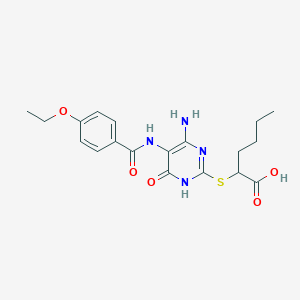 molecular formula C19H24N4O5S B2656850 2-((4-Amino-5-(4-ethoxybenzamido)-6-oxo-1,6-dihydropyrimidin-2-yl)thio)hexanoic acid CAS No. 888420-59-5