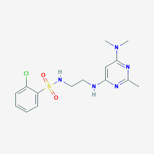 molecular formula C15H20ClN5O2S B2656876 2-氯-N-(2-((6-(二甲氨基)-2-甲基嘧啶-4-基)氨基)乙基)苯磺酰胺 CAS No. 1206999-21-4