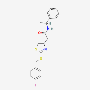 molecular formula C20H19FN2OS2 B2656879 2-(2-((4-fluorobenzyl)thio)thiazol-4-yl)-N-(1-phenylethyl)acetamide CAS No. 942001-87-8