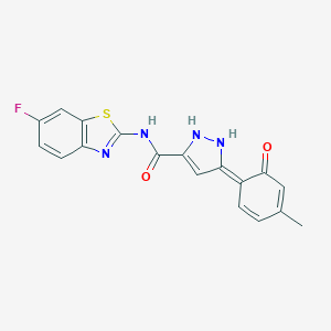 molecular formula C18H13FN4O2S B265688 (5Z)-N-(6-fluoro-1,3-benzothiazol-2-yl)-5-(4-methyl-6-oxocyclohexa-2,4-dien-1-ylidene)-1,2-dihydropyrazole-3-carboxamide 