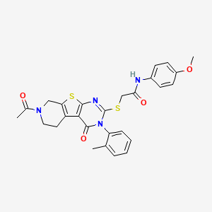 2-[[11-acetyl-4-(2-methylphenyl)-3-oxo-8-thia-4,6,11-triazatricyclo[7.4.0.02,7]trideca-1(9),2(7),5-trien-5-yl]sulfanyl]-N-(4-methoxyphenyl)acetamide