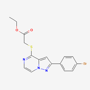 molecular formula C16H14BrN3O2S B2656946 乙基{[2-(4-溴苯基)吡唑并[1,5-a]吡嗪-4-基]硫代}乙酸酯 CAS No. 1243024-89-6