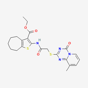 molecular formula C22H24N4O4S2 B2656977 ethyl 2-(2-((9-methyl-4-oxo-4H-pyrido[1,2-a][1,3,5]triazin-2-yl)thio)acetamido)-5,6,7,8-tetrahydro-4H-cyclohepta[b]thiophene-3-carboxylate CAS No. 896343-03-6