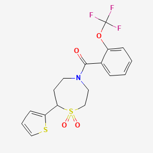molecular formula C17H16F3NO4S2 B2657077 (1,1-Dioxido-7-(thiophen-2-yl)-1,4-thiazepan-4-yl)(2-(trifluoromethoxy)phenyl)methanone CAS No. 2034460-58-5