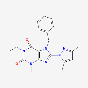 molecular formula C20H22N6O2 B2657085 7-benzyl-8-(3,5-dimethyl-1H-pyrazol-1-yl)-1-ethyl-3-methyl-1H-purine-2,6(3H,7H)-dione CAS No. 1014051-08-1