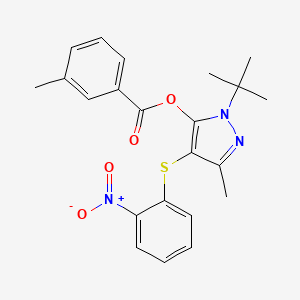 molecular formula C22H23N3O4S B2657091 1-(tert-butyl)-3-methyl-4-((2-nitrophenyl)thio)-1H-pyrazol-5-yl 3-methylbenzoate CAS No. 851127-50-9