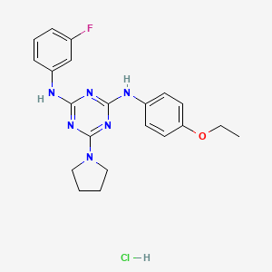 molecular formula C21H24ClFN6O B2657107 N2-(4-ethoxyphenyl)-N4-(3-fluorophenyl)-6-(pyrrolidin-1-yl)-1,3,5-triazine-2,4-diamine hydrochloride CAS No. 1179403-12-3