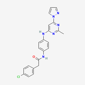 molecular formula C22H19ClN6O B2657149 2-(4-chlorophenyl)-N-(4-((2-methyl-6-(1H-pyrazol-1-yl)pyrimidin-4-yl)amino)phenyl)acetamide CAS No. 1207018-39-0