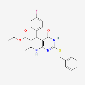 molecular formula C24H22FN3O3S B2657167 Ethyl 2-(benzylthio)-5-(4-fluorophenyl)-7-methyl-4-oxo-3,4,5,8-tetrahydropyrido[2,3-d]pyrimidine-6-carboxylate CAS No. 537046-55-2