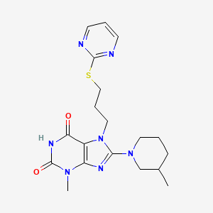 molecular formula C19H25N7O2S B2657183 3-Methyl-8-(3-methylpiperidin-1-yl)-7-(3-pyrimidin-2-ylsulfanylpropyl)purine-2,6-dione CAS No. 673498-22-1