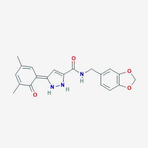 molecular formula C20H19N3O4 B265721 (5Z)-N-(1,3-benzodioxol-5-ylmethyl)-5-(3,5-dimethyl-6-oxocyclohexa-2,4-dien-1-ylidene)-1,2-dihydropyrazole-3-carboxamide 