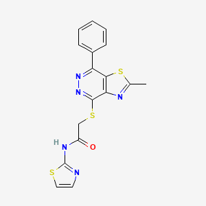 molecular formula C17H13N5OS3 B2657239 2-((2-methyl-7-phenylthiazolo[4,5-d]pyridazin-4-yl)thio)-N-(thiazol-2-yl)acetamide CAS No. 946228-46-2