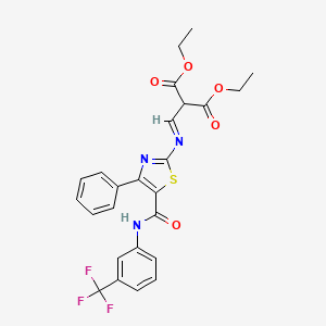 molecular formula C25H22F3N3O5S B2657244 (E)-diethyl 2-(((4-phenyl-5-((3-(trifluoromethyl)phenyl)carbamoyl)thiazol-2-yl)imino)methyl)malonate CAS No. 304863-78-3