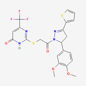 molecular formula C22H19F3N4O4S2 B2657245 2-((2-(5-(3,4-dimethoxyphenyl)-3-(thiophen-2-yl)-4,5-dihydro-1H-pyrazol-1-yl)-2-oxoethyl)thio)-6-(trifluoromethyl)pyrimidin-4(3H)-one CAS No. 922801-51-2
