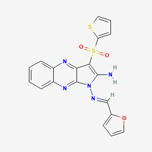 molecular formula C19H13N5O3S2 B2657255 (E)-N1-(furan-2-ylmethylene)-3-(thiophen-2-ylsulfonyl)-1H-pyrrolo[2,3-b]quinoxaline-1,2-diamine CAS No. 844862-76-6