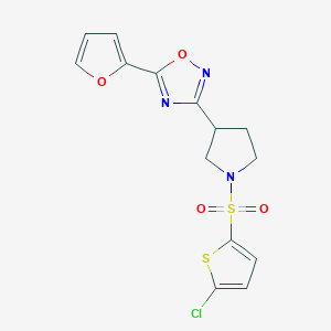 molecular formula C14H12ClN3O4S2 B2657276 3-(1-((5-Chlorothiophen-2-yl)sulfonyl)pyrrolidin-3-yl)-5-(furan-2-yl)-1,2,4-oxadiazole CAS No. 2034284-29-0