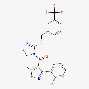 molecular formula C22H17ClF3N3O2S B2657297 (3-(2-chlorophenyl)-5-methylisoxazol-4-yl)(2-((3-(trifluoromethyl)benzyl)thio)-4,5-dihydro-1H-imidazol-1-yl)methanone CAS No. 851805-90-8