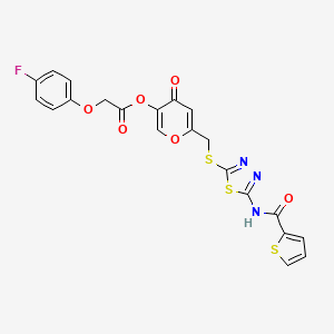 molecular formula C21H14FN3O6S3 B2657305 4-氧代-6-(((5-（噻吩-2-甲酰胺）-1,3,4-噻二唑-2-基）硫代）甲基）-4H-吡喃-3-基 2-(4-氟苯氧基)乙酸酯 CAS No. 896017-22-4