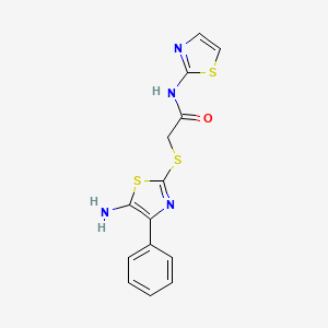 molecular formula C14H12N4OS3 B2657343 2-((5-氨基-4-苯并噻唑-2-基)硫代)-N-(噻唑-2-基)乙酰胺 CAS No. 1021065-97-3