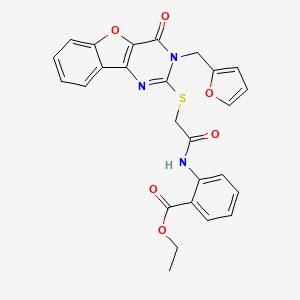 molecular formula C26H21N3O6S B2657363 Ethyl 2-(2-((3-(furan-2-ylmethyl)-4-oxo-3,4-dihydrobenzofuro[3,2-d]pyrimidin-2-yl)thio)acetamido)benzoate CAS No. 893786-01-1
