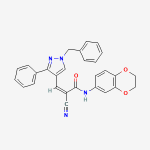 molecular formula C28H22N4O3 B2657404 (Z)-3-(1-苄基-3-苯基吡唑-4-基)-2-氰基-N-(2,3-二氢-1,4-苯并二氧杂环-6-基)丙-2-烯酰胺 CAS No. 955891-42-6