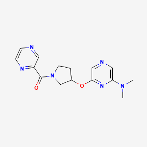 molecular formula C15H18N6O2 B2657432 (3-((6-(Dimethylamino)pyrazin-2-yl)oxy)pyrrolidin-1-yl)(pyrazin-2-yl)methanone CAS No. 2034209-57-7