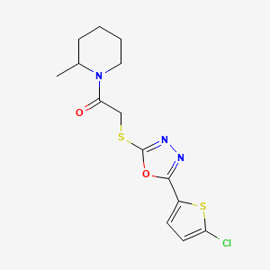molecular formula C14H16ClN3O2S2 B2657454 1-({[5-(5-Chloro-2-thienyl)-1,3,4-oxadiazol-2-yl]thio}acetyl)-2-methylpiperidine CAS No. 850937-48-3