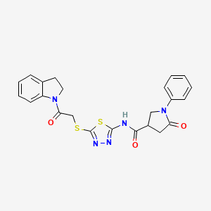 molecular formula C23H21N5O3S2 B2657547 N-(5-((2-(indolin-1-yl)-2-oxoethyl)thio)-1,3,4-thiadiazol-2-yl)-5-oxo-1-phenylpyrrolidine-3-carboxamide CAS No. 872594-62-2